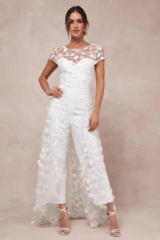 Lulus White Floral Embroidered Overlay Jumpsuit Women's XL NWOT