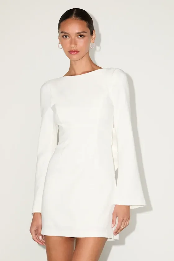 Lulus White Bow Back Long Sleeve Asymmetric Mini Dress Women's XXL