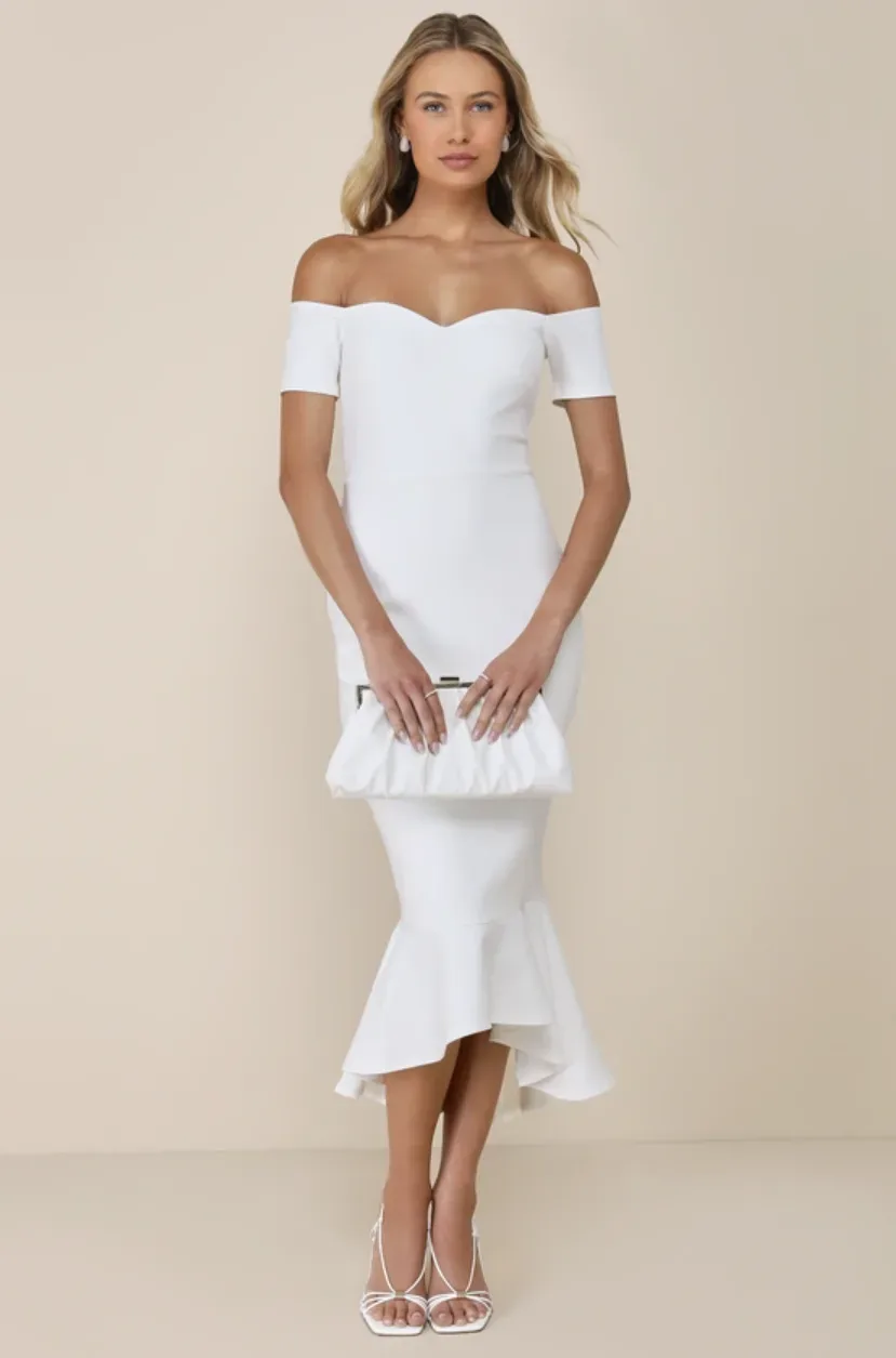Lulus White Off-Shoulder Sweetheart Mermaid Midi Dress XL NWT