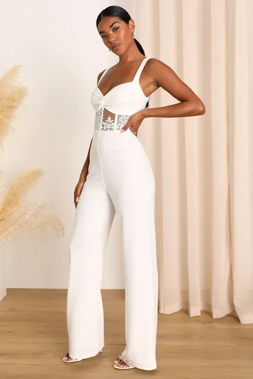 Lulus White XL Twist-Front Bustier Sheer Lace Jumpsuit thumbnail 4