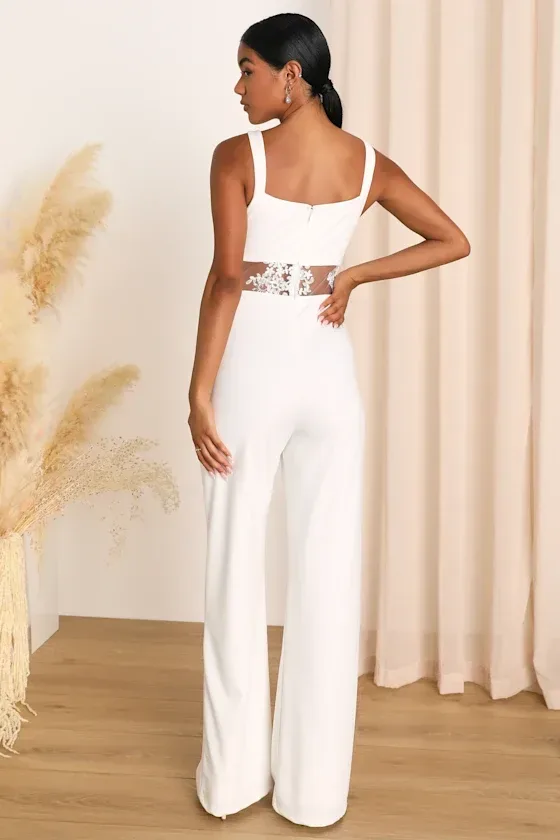 Lulus White XL Twist-Front Bustier Sheer Lace Jumpsuit thumbnail 2