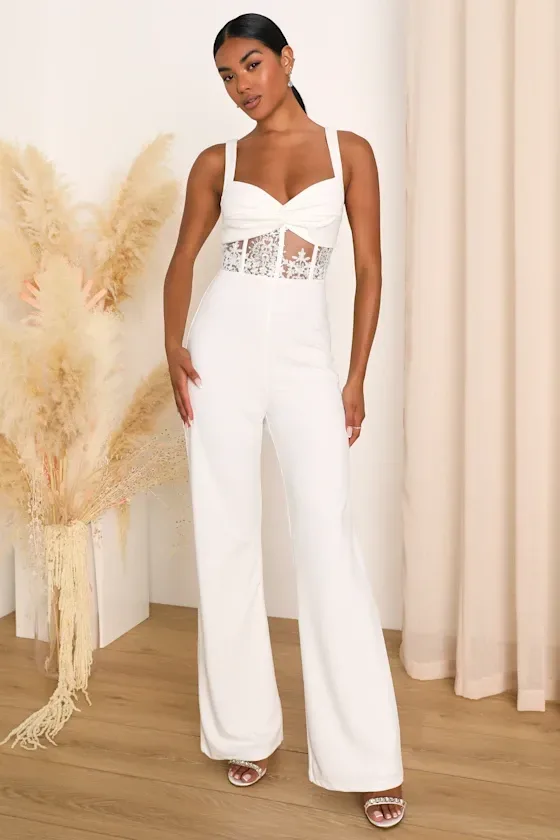 Lulus White XL Twist-Front Bustier Sheer Lace Jumpsuit