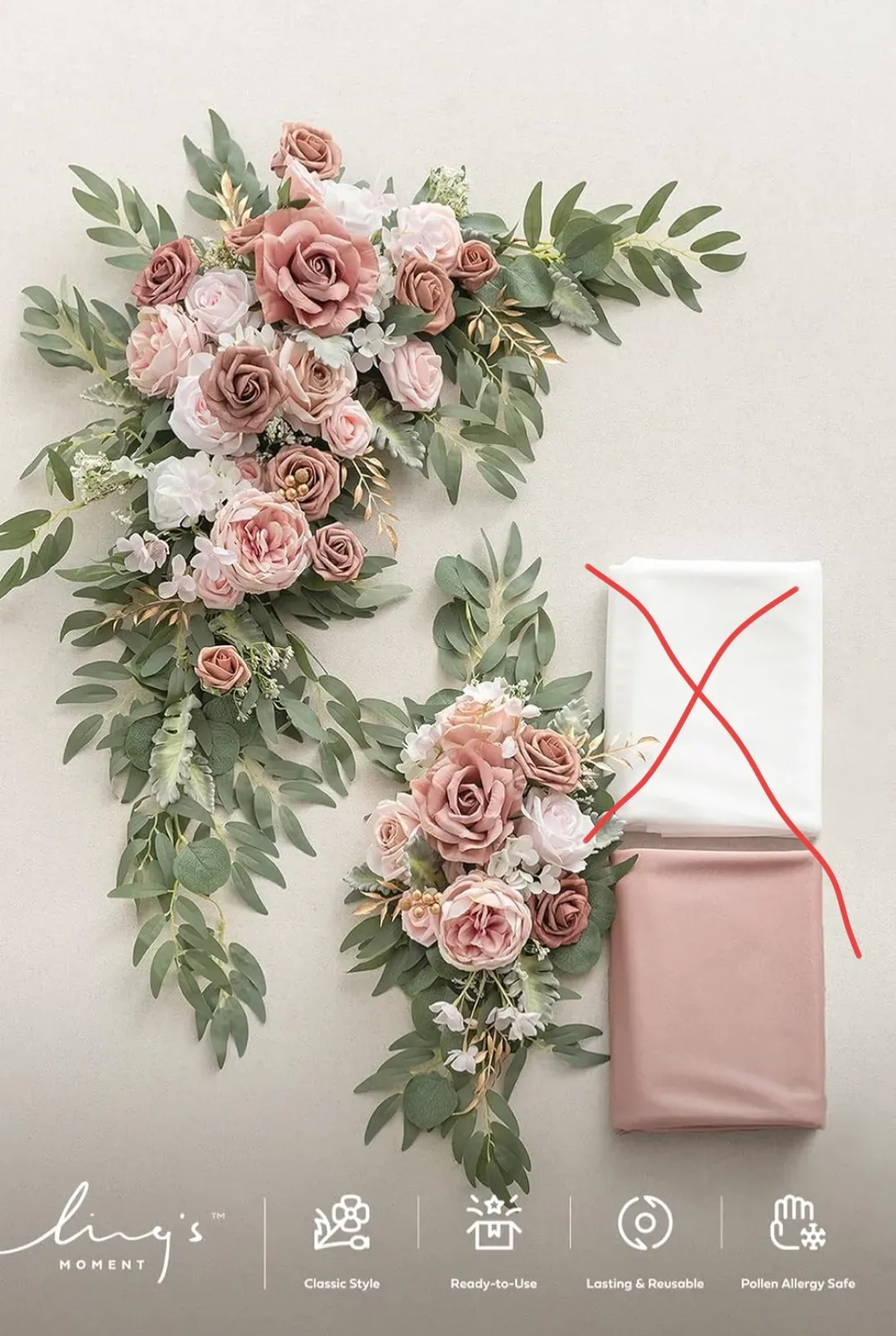 Ling's Moment Artificial Flowers Combo Box Set Dusty Rose Eucalyptus With Matching Chiffon Drape