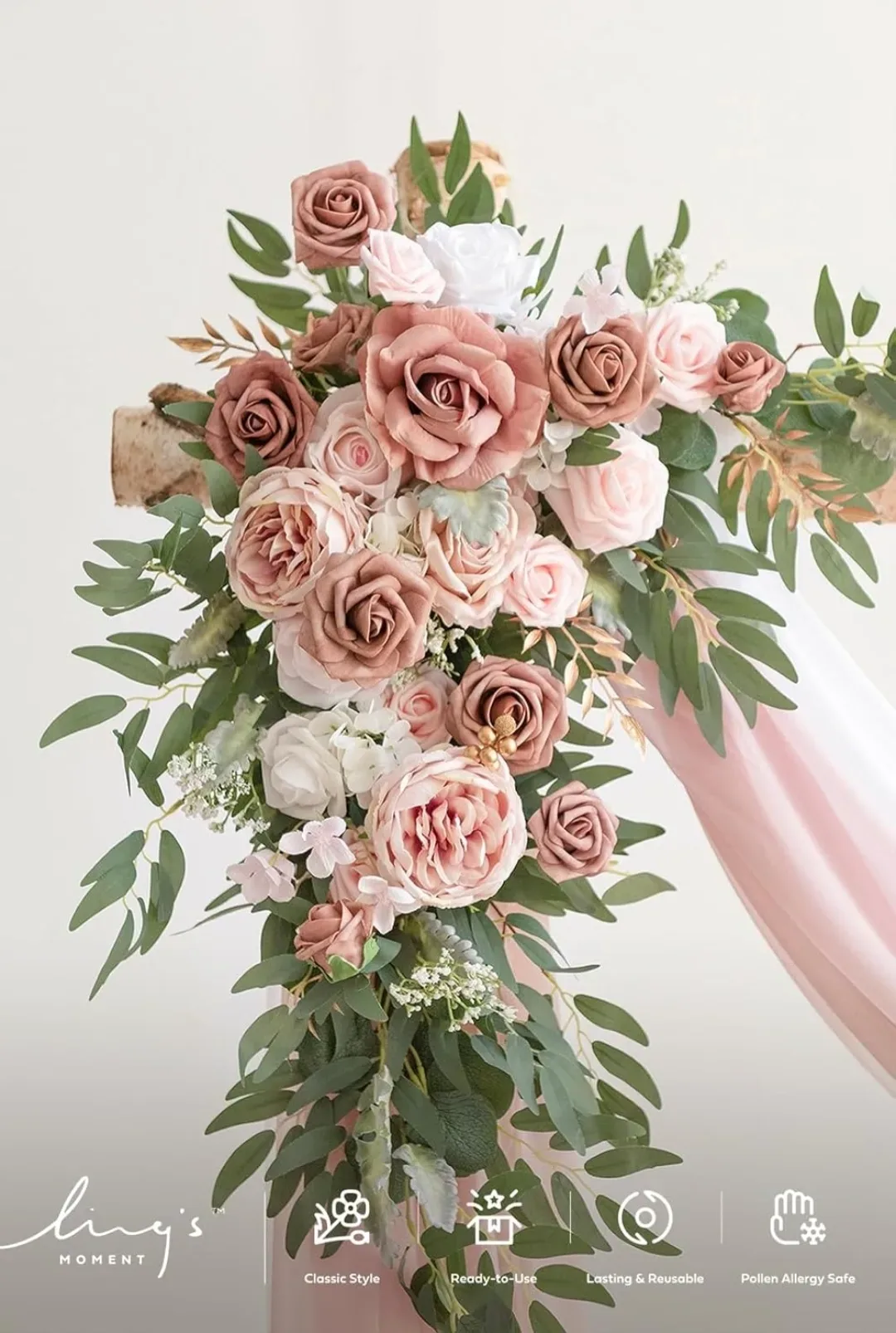 Ling's Moment Artificial Flowers Combo Box Set Dusty Rose Eucalyptus With Matching Chiffon Drape thumbnail 2