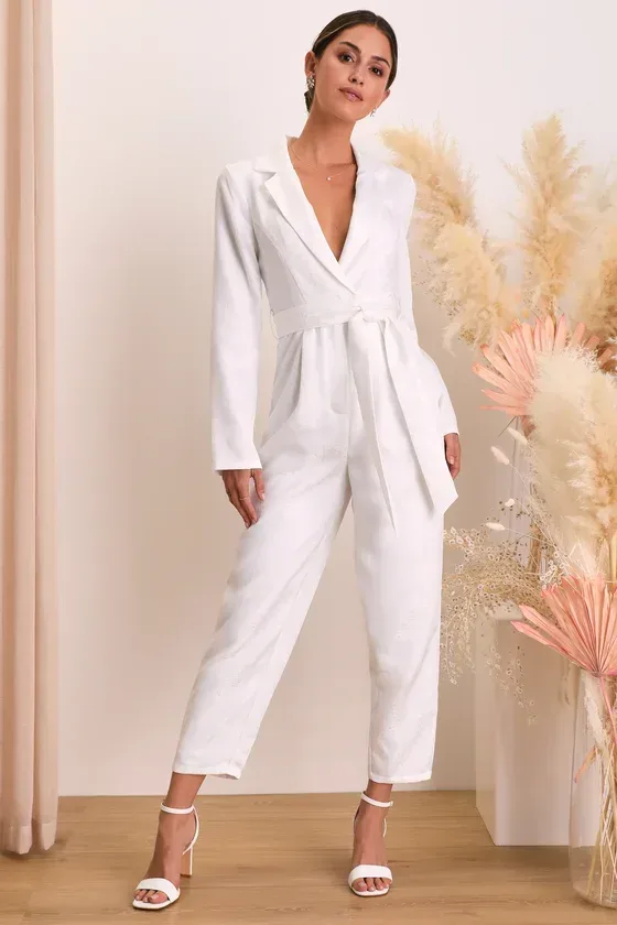 Lulus Upscale Romantic Ivory Jacquard Tie-Waist Collared Long Sleeve Jumpsuit Size L