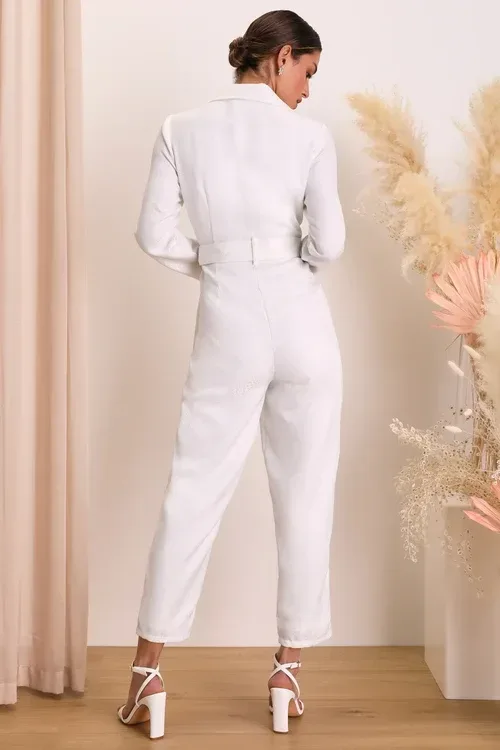 Lulus Upscale Romantic Ivory Jacquard Tie-Waist Collared Long Sleeve Jumpsuit Size L thumbnail 4