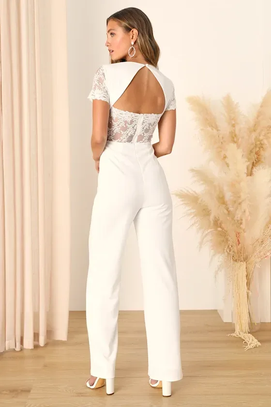 Lulus Ivory Lace Sleeve V-Neck Elegant Bridal Jumpsuit Women's XL NWOT thumbnail 4