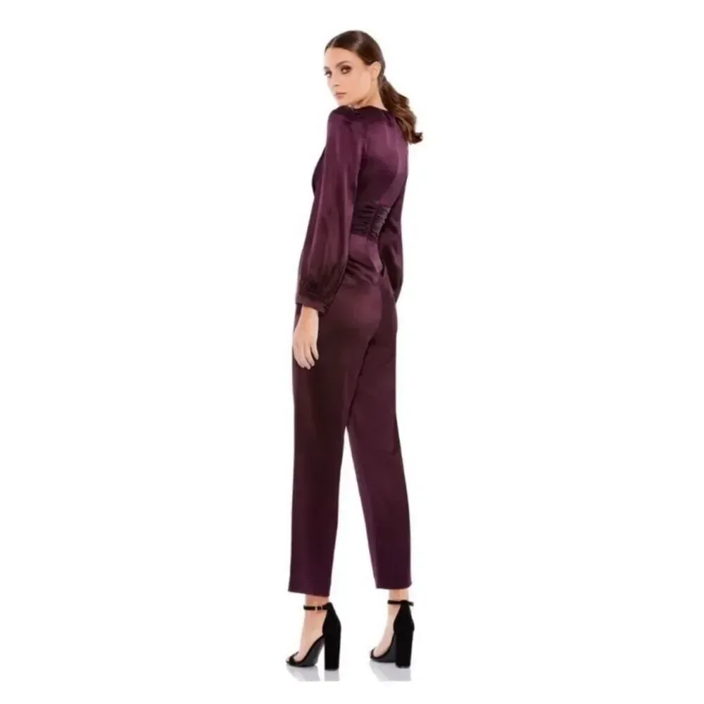IEENA for Mac Duggal Plum Deep V Puff Sleeve Twist Front Jumpsuit Sz 14 thumbnail 3