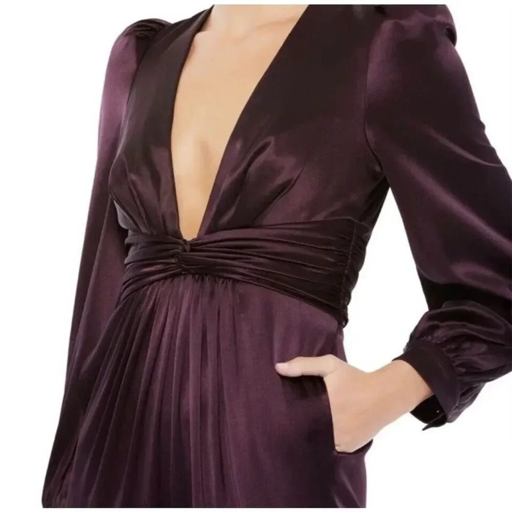 IEENA for Mac Duggal Plum Deep V Puff Sleeve Twist Front Jumpsuit Sz 14 thumbnail 2