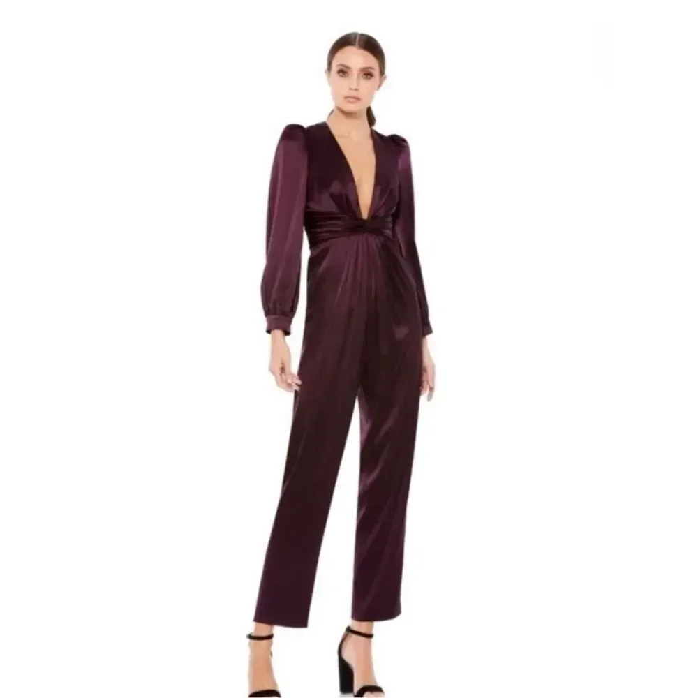 IEENA for Mac Duggal Plum Deep V Puff Sleeve Twist Front Jumpsuit Sz 14