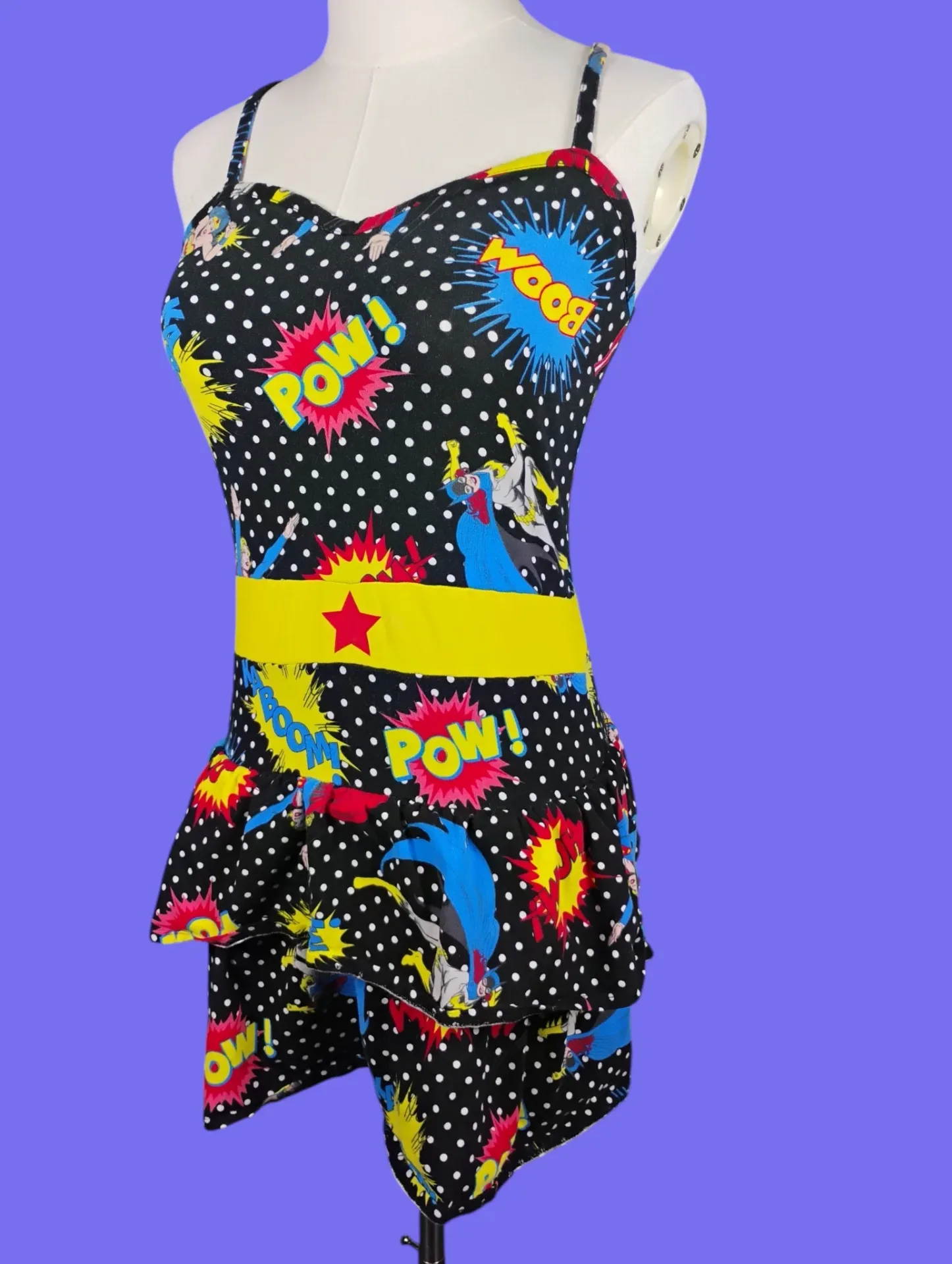 DC Comics Superhero Polka Dot Ruffled Swimsuit Romper Womens M (7/9) thumbnail 3