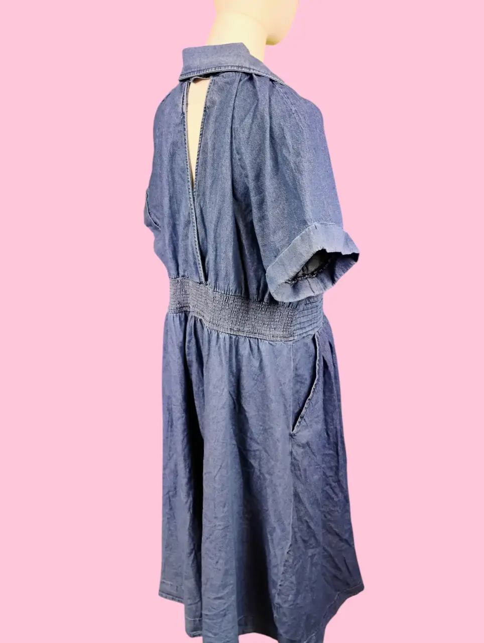 Fate Curve Plus Size 1X Blue Denim Button Front Shirred Waist Midi Dress