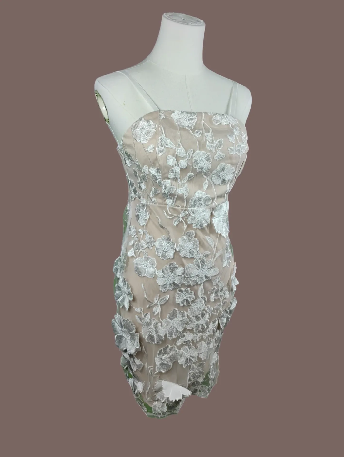 Floral Lace Mini Dress Nude White Spaghetti Straps Size M thumbnail 3