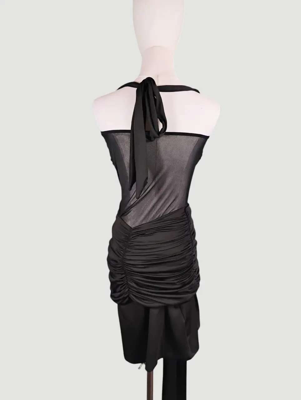 Black Halter Ruched Mini Dress Sheer Mesh Panel Bodycon Cocktail M thumbnail 2