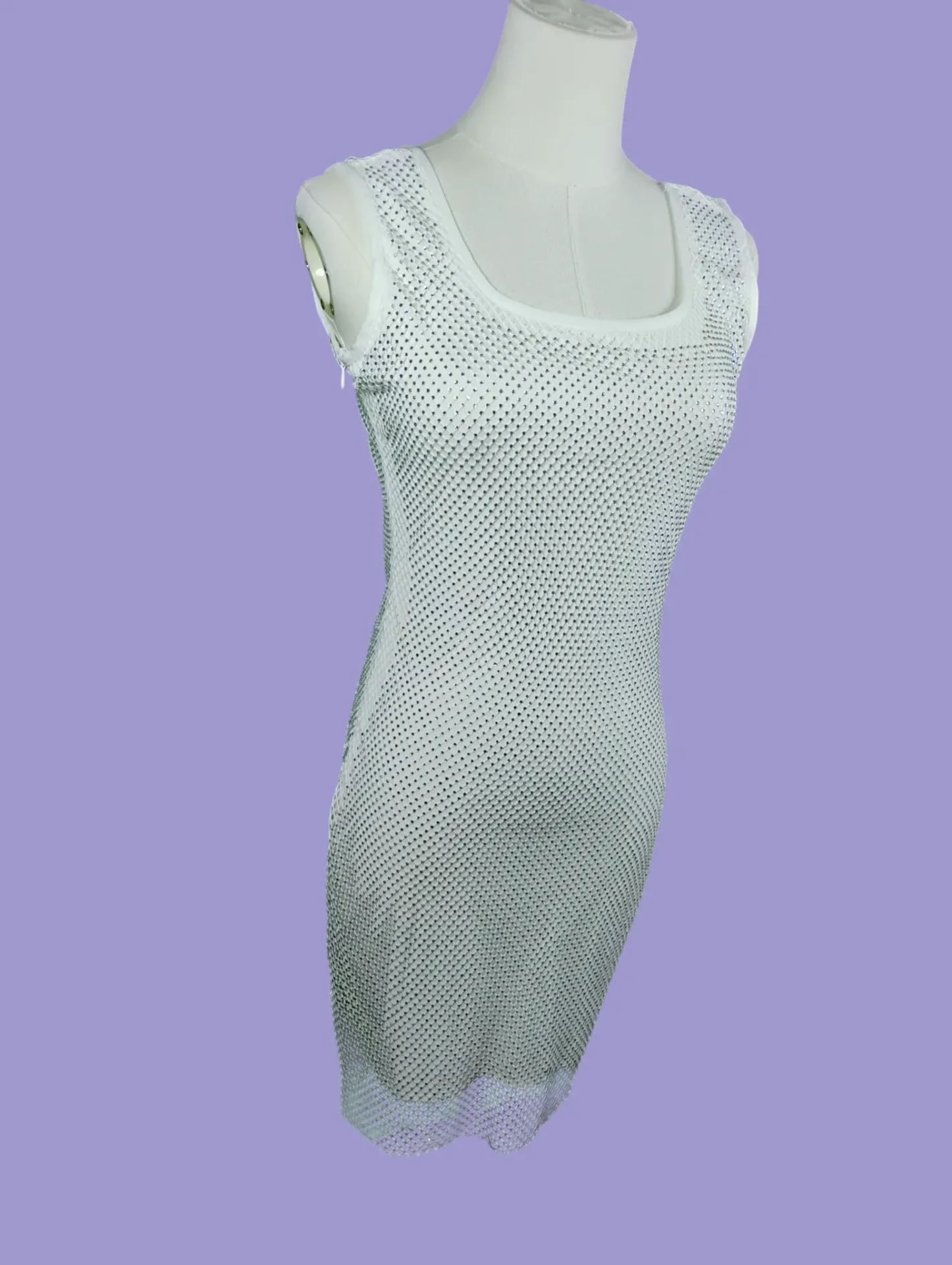 White Rhinestone Mesh Bodycon Mini Dress Square Neck Scoop Back M thumbnail 3