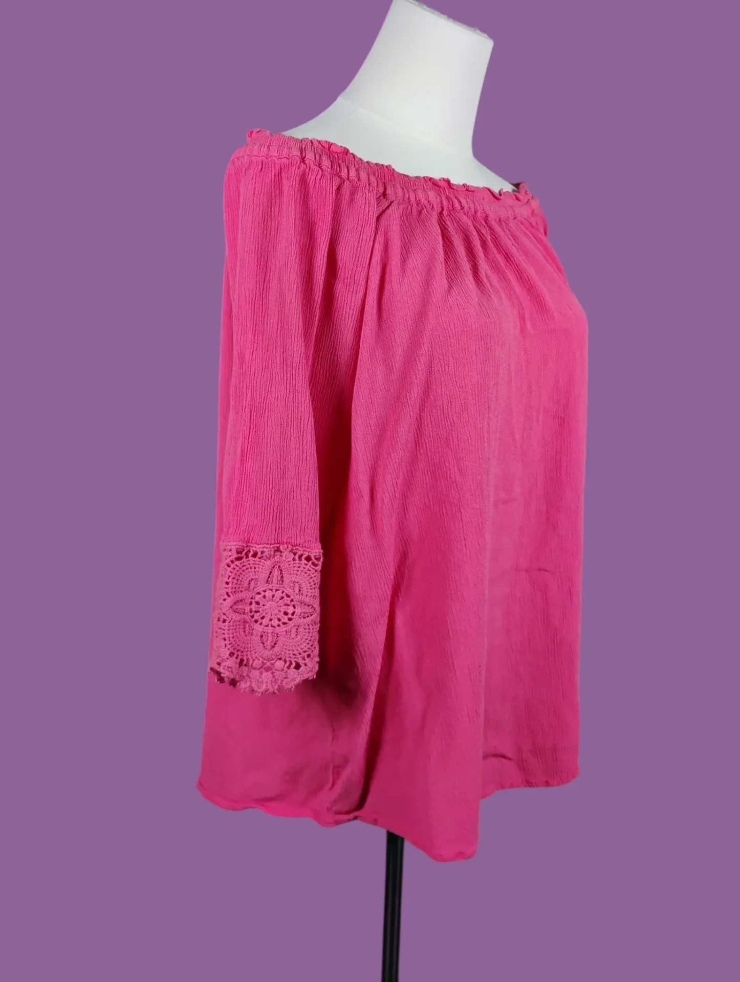 Chelsea & Theodo Hot Pink Off Shoulder Top Crochet Lace Sleeves Size L thumbnail 2