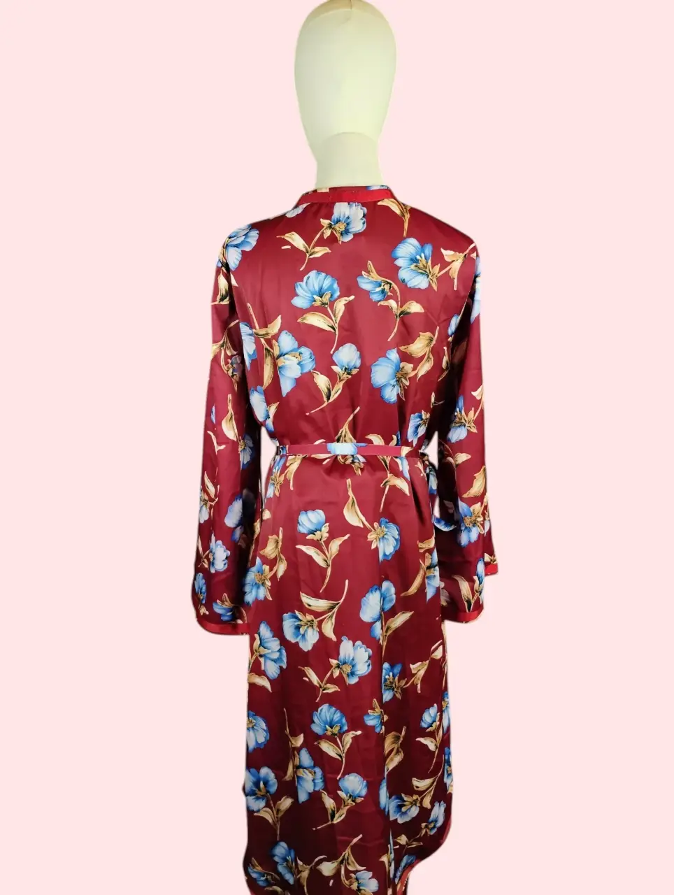 Womens Red Blue Floral Silky Kimono Robe & Pant Loungewear Pajama Set thumbnail 3
