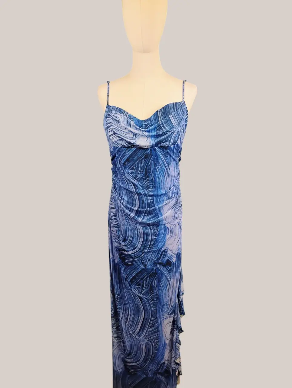 Fashion Nova Blue White Swirl Cowl Neck Maxi Dress Spaghetti Strap NWT