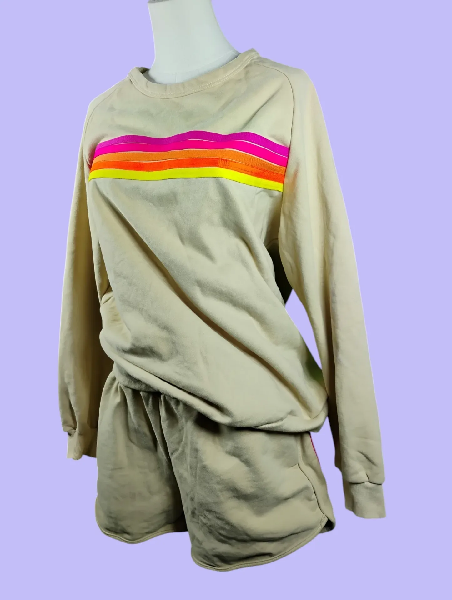 Women's XL Beige Rainbow Stripe Long Sleeve Sweatshirt & Shorts Lounge Set thumbnail 3