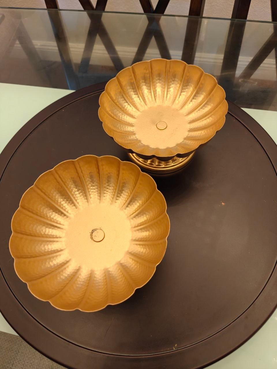 Pair of Gold Scalloped Pedestal Compote Vases - 7 inch Decorative Bowls