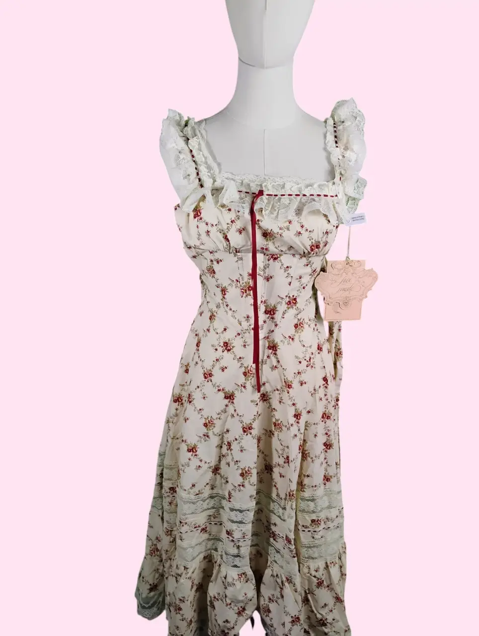 LaceMade Red Garnet Corset Dress XS Floral Lace Midi New thumbnail 3