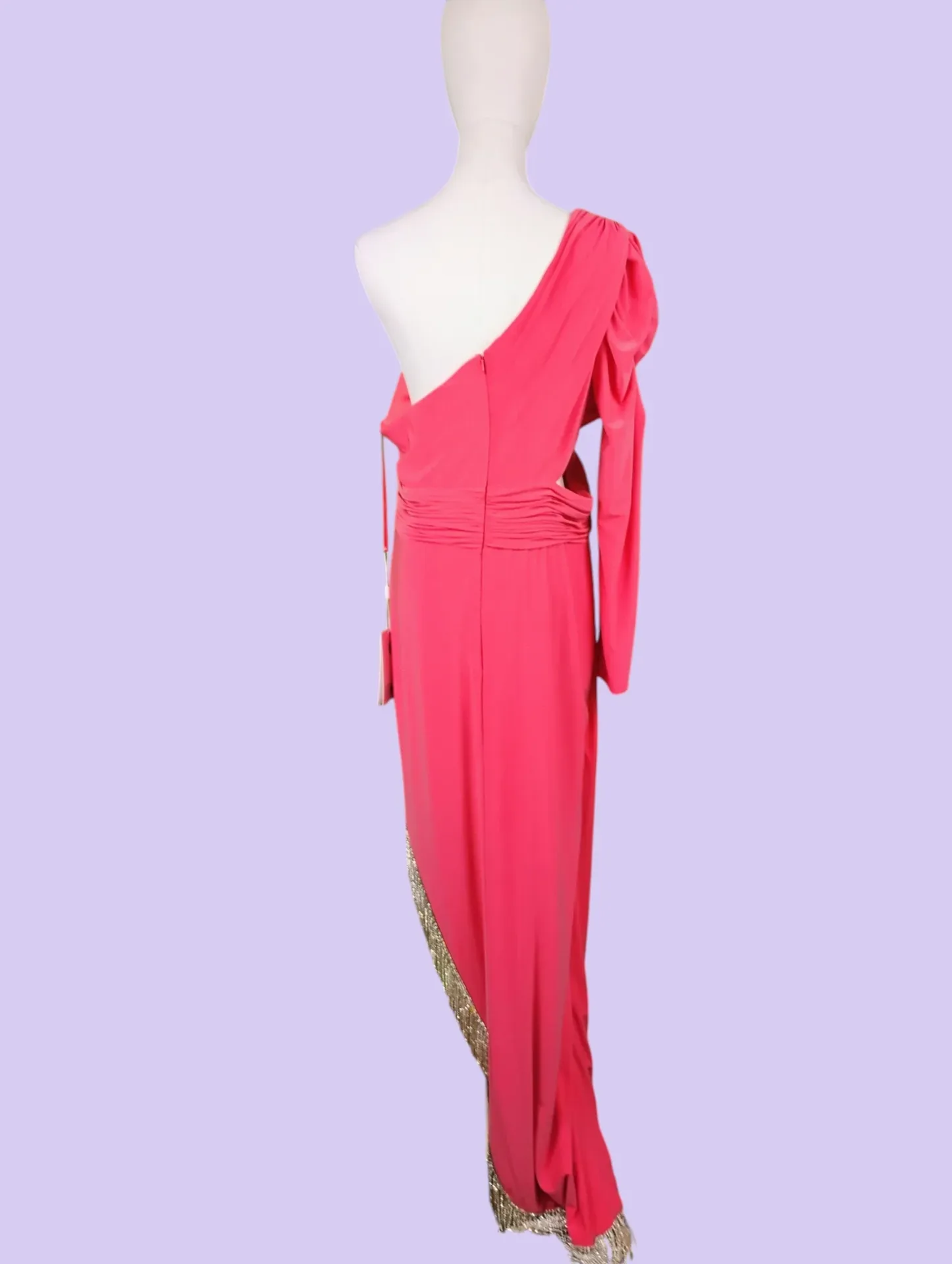 Mac Duggal One Shoulder Ruched Fringe High-Low Gown Dress 14W Coral Pink thumbnail 6