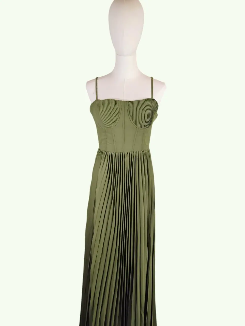 Modenaire Olive Green Pleated Bustier Spaghetti Strap Maxi Dress M