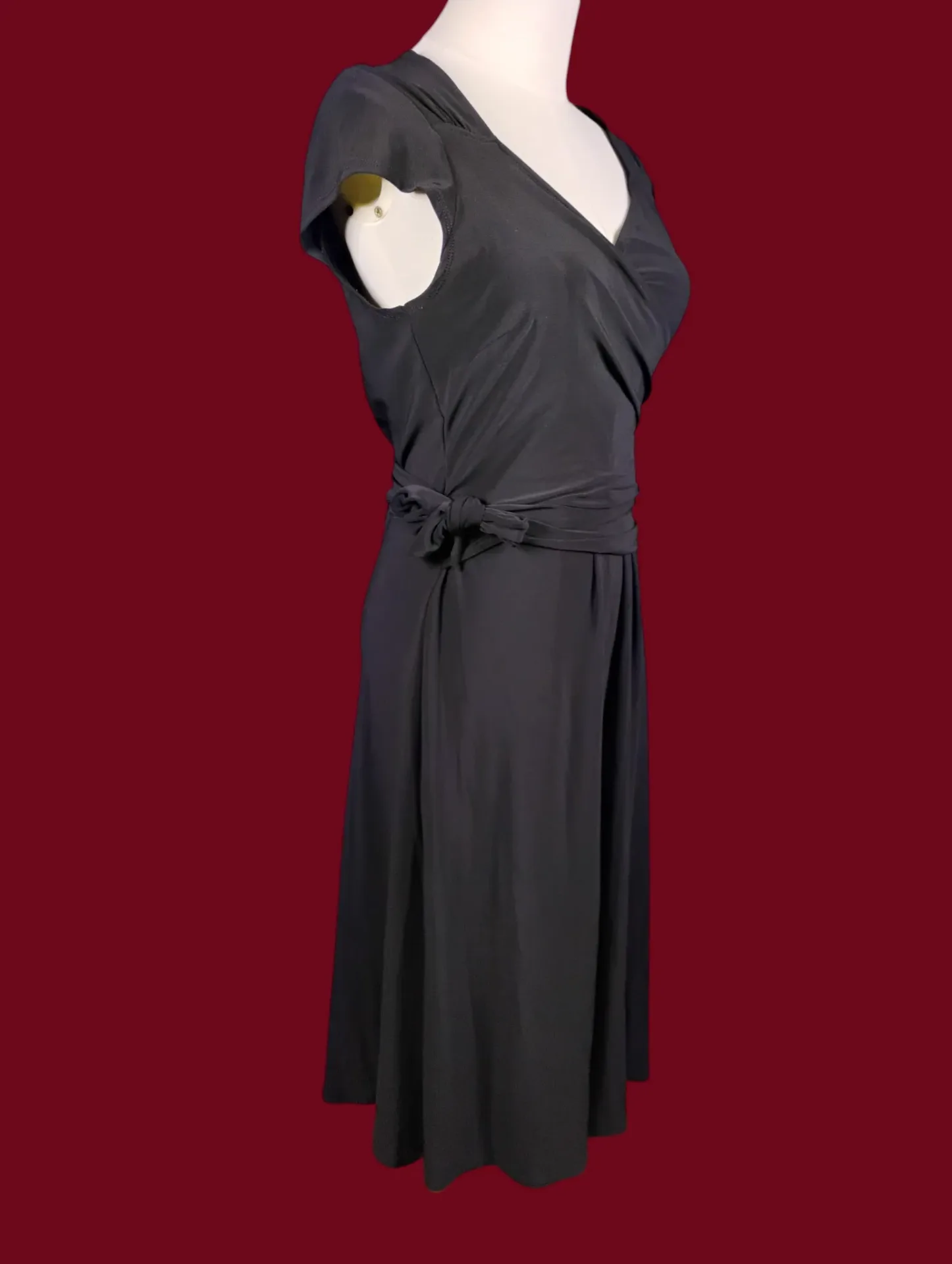 Evan-Picone Black Cap Sleeve V-Neck Wrap Midi Dress Womens thumbnail 2