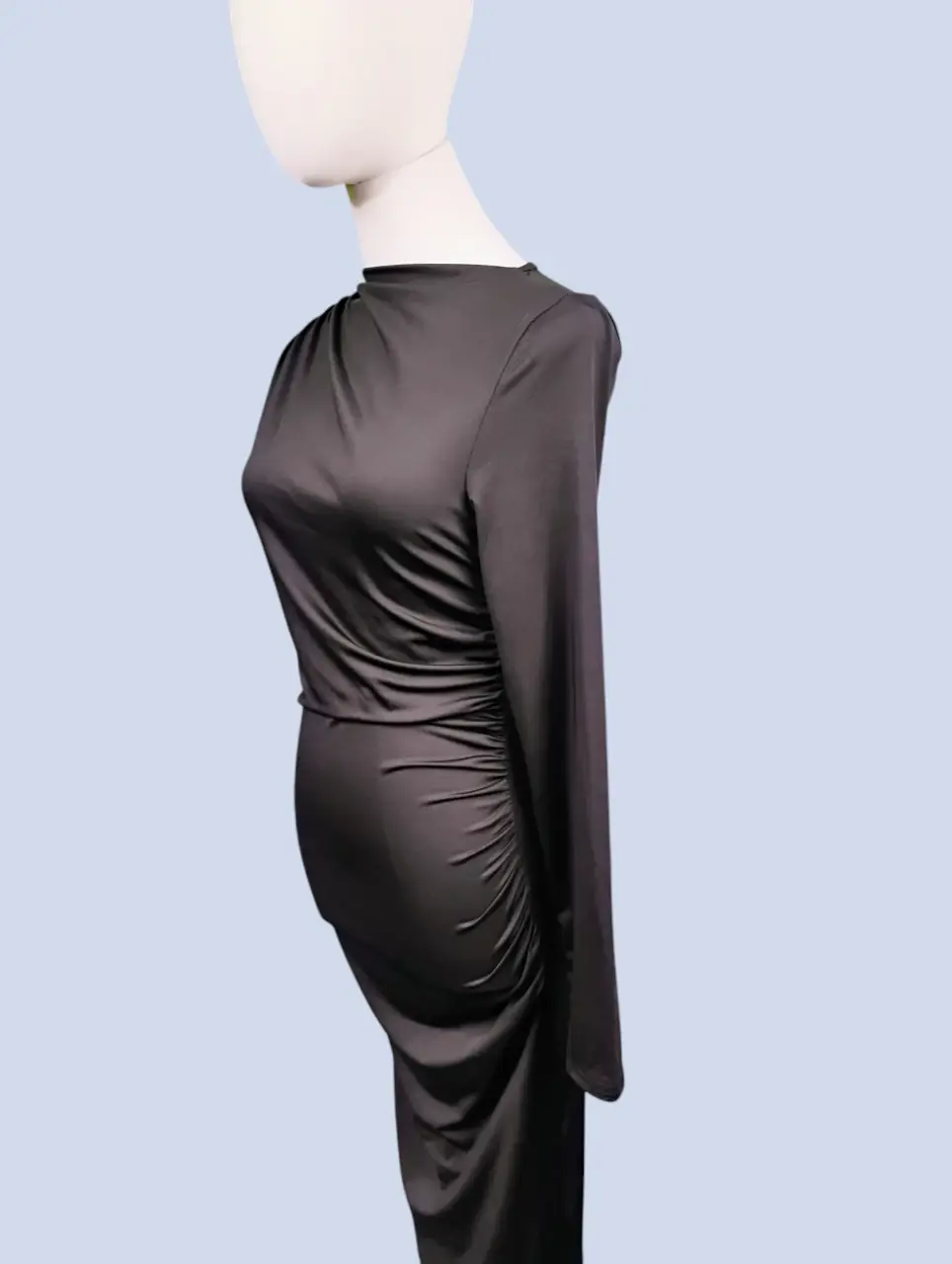Black Ruched Draped Long Sleeve Midi Dress Elegant thumbnail 2