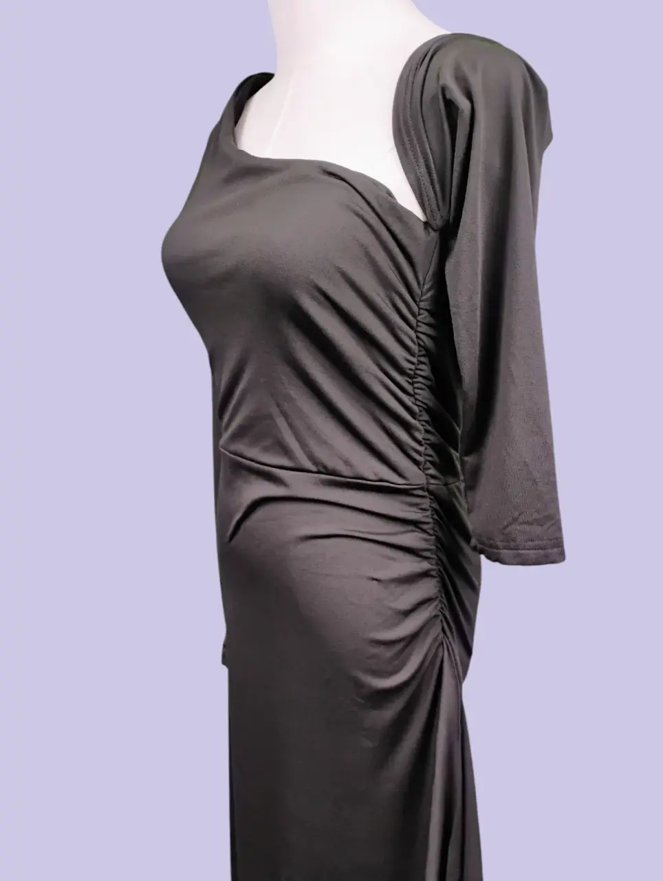 Women's Black One Shoulder Ruched Maxi Dress Long Sleeve Asymmetrical Knit