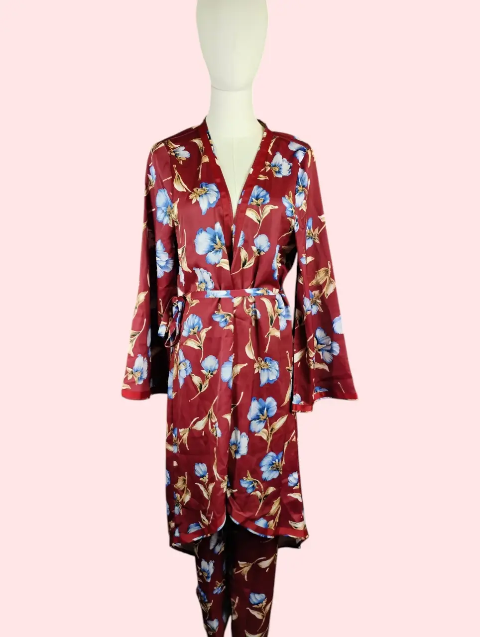 Womens Red Blue Floral Silky Kimono Robe & Pant Loungewear Pajama Set