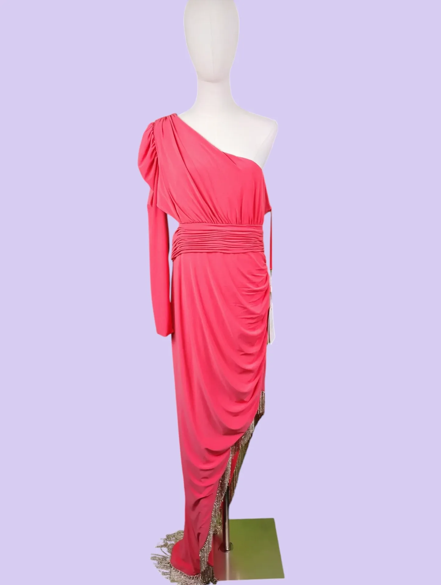 Mac Duggal One Shoulder Ruched Fringe High-Low Gown Dress 14W Coral Pink thumbnail 3