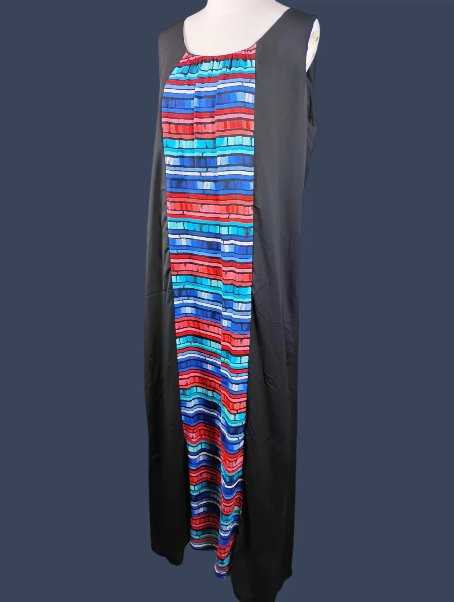 Luxology Sleeveless Black & Striped Maxi Dress Women's Size L thumbnail 2