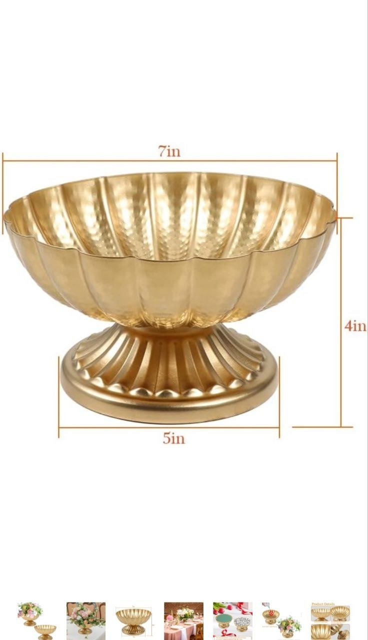Pair of Gold Scalloped Pedestal Compote Vases - 7 inch Decorative Bowls thumbnail 4