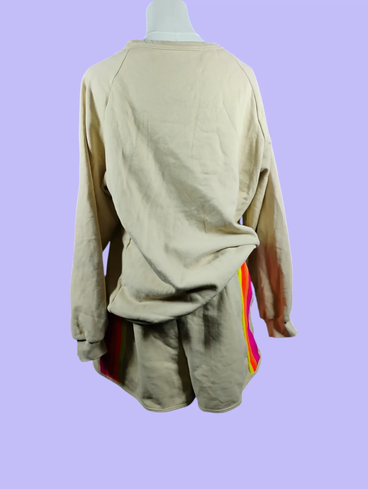 Women's XL Beige Rainbow Stripe Long Sleeve Sweatshirt & Shorts Lounge Set thumbnail 4