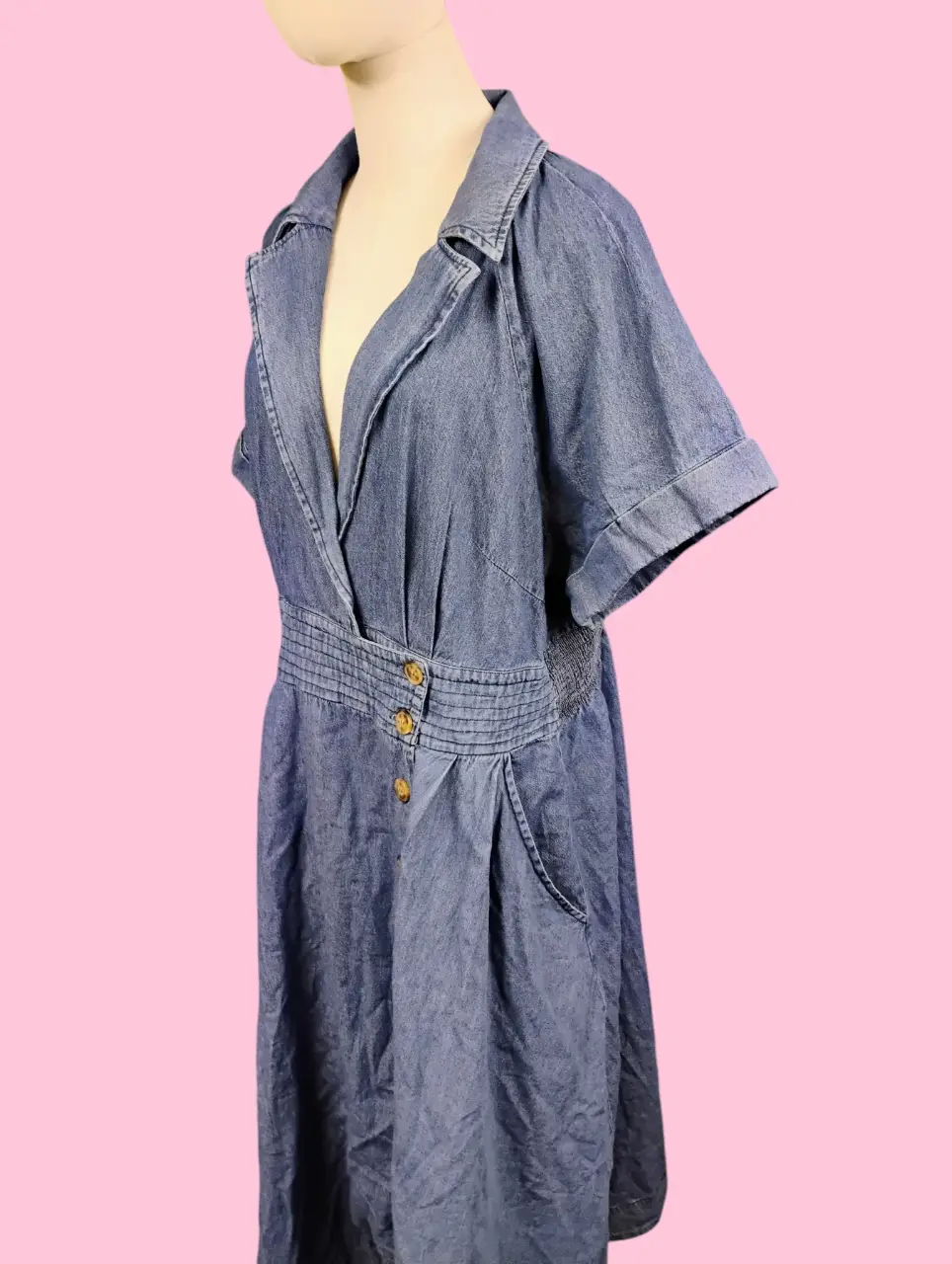 Fate Curve Plus Size 1X Blue Denim Button Front Shirred Waist Midi Dress thumbnail 3
