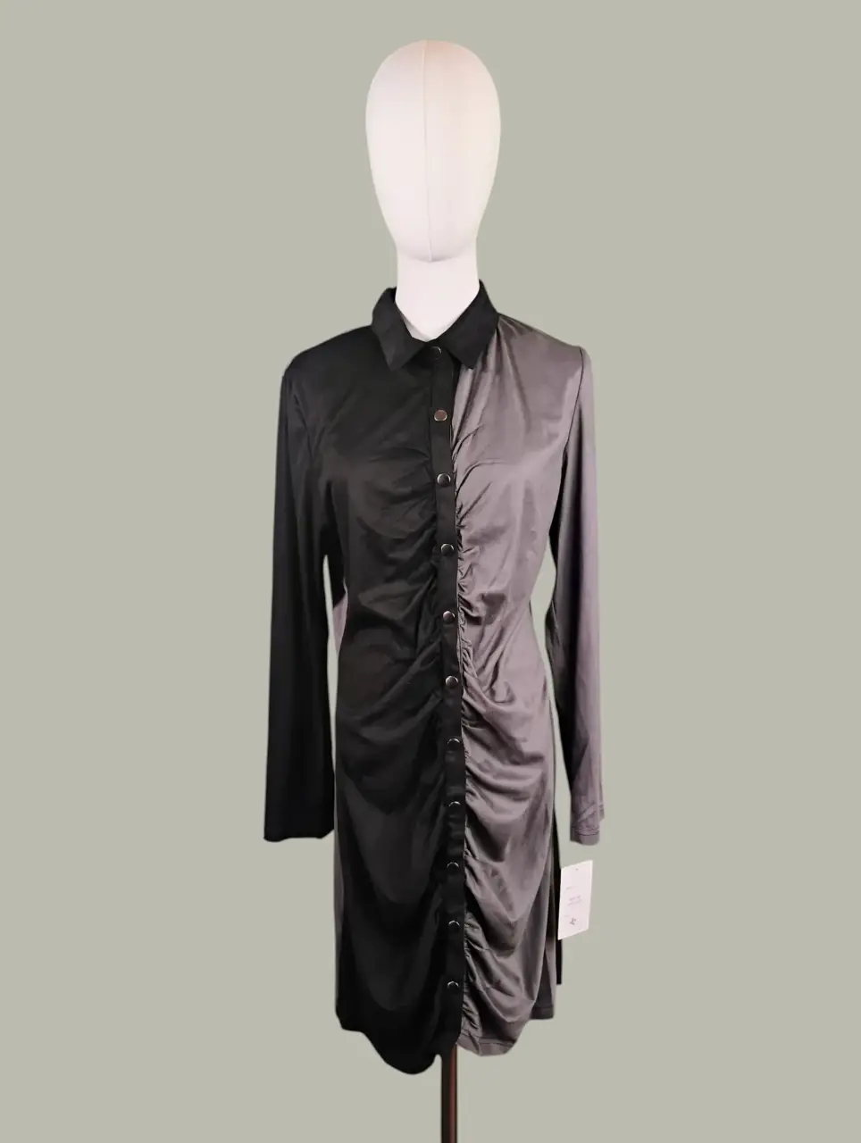 MG Two-Tone Black Silver Ruched Long Sleeve Shirt Dress Women's XL