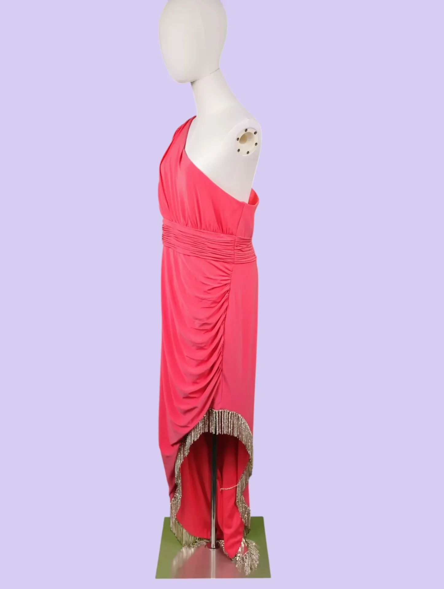 Mac Duggal One Shoulder Ruched Fringe High-Low Gown Dress 14W Coral Pink thumbnail 5