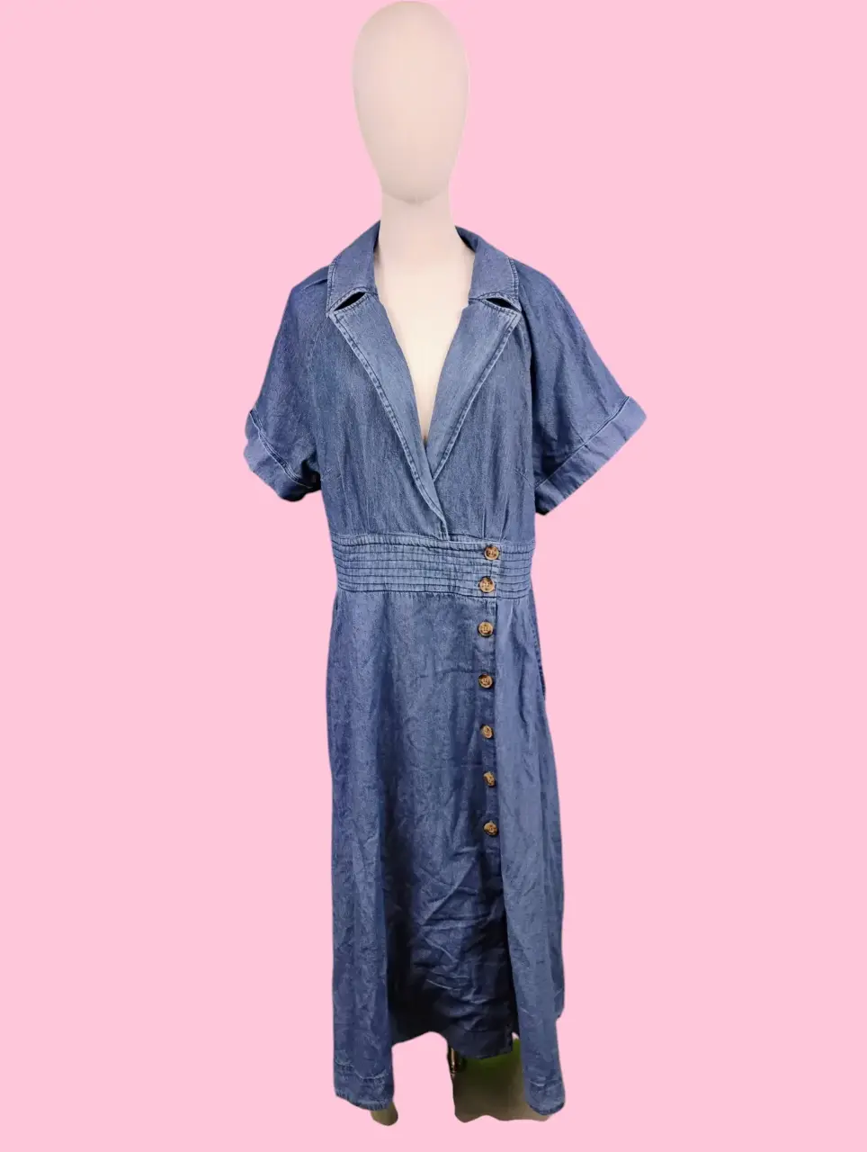 Fate Curve Plus Size 1X Blue Denim Button Front Shirred Waist Midi Dress thumbnail 2
