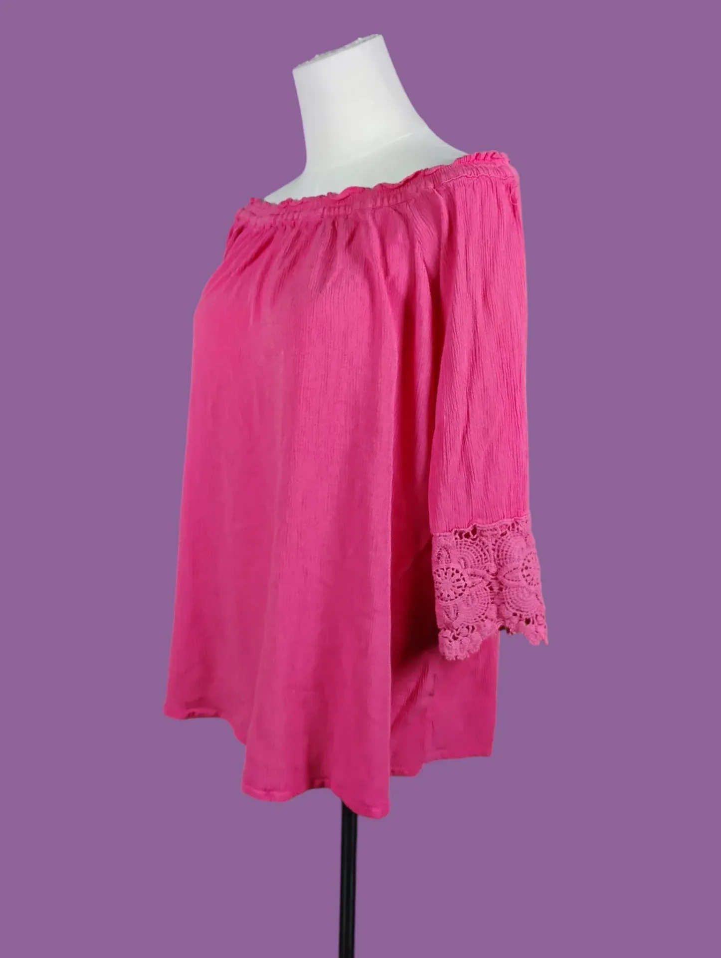 Chelsea & Theodo Hot Pink Off Shoulder Top Crochet Lace Sleeves Size L thumbnail 3
