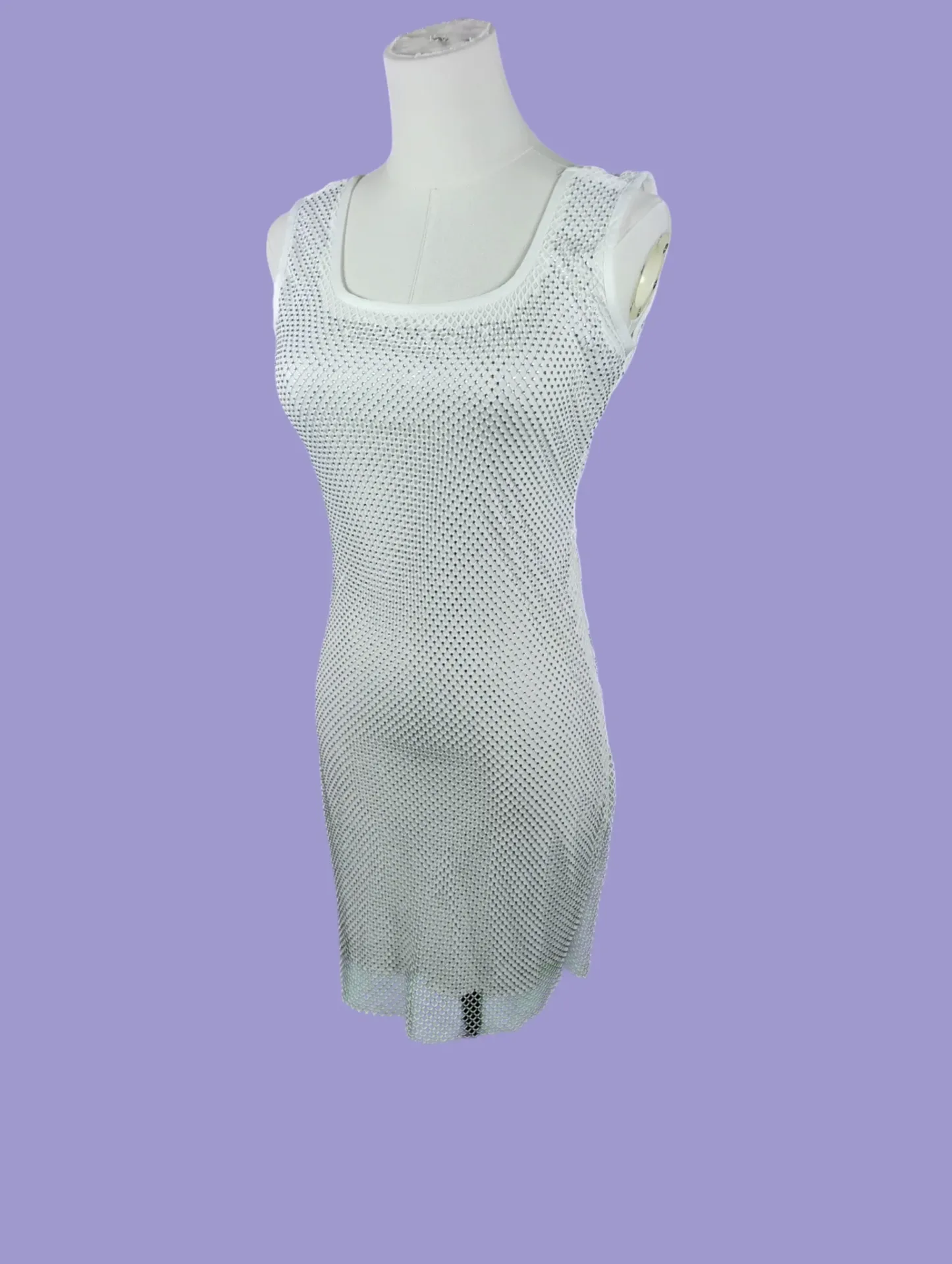 White Rhinestone Mesh Bodycon Mini Dress Square Neck Scoop Back M thumbnail 2