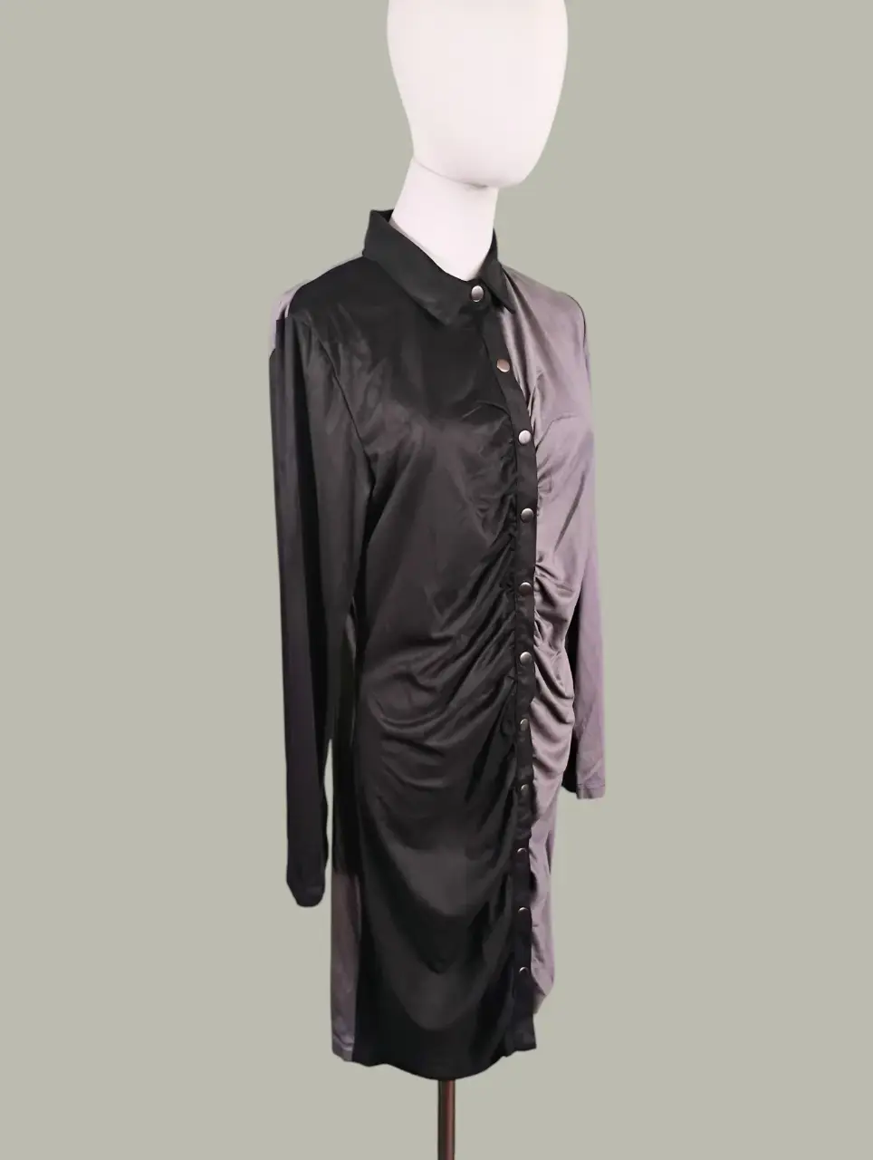 MG Two-Tone Black Silver Ruched Long Sleeve Shirt Dress Women's XL thumbnail 2