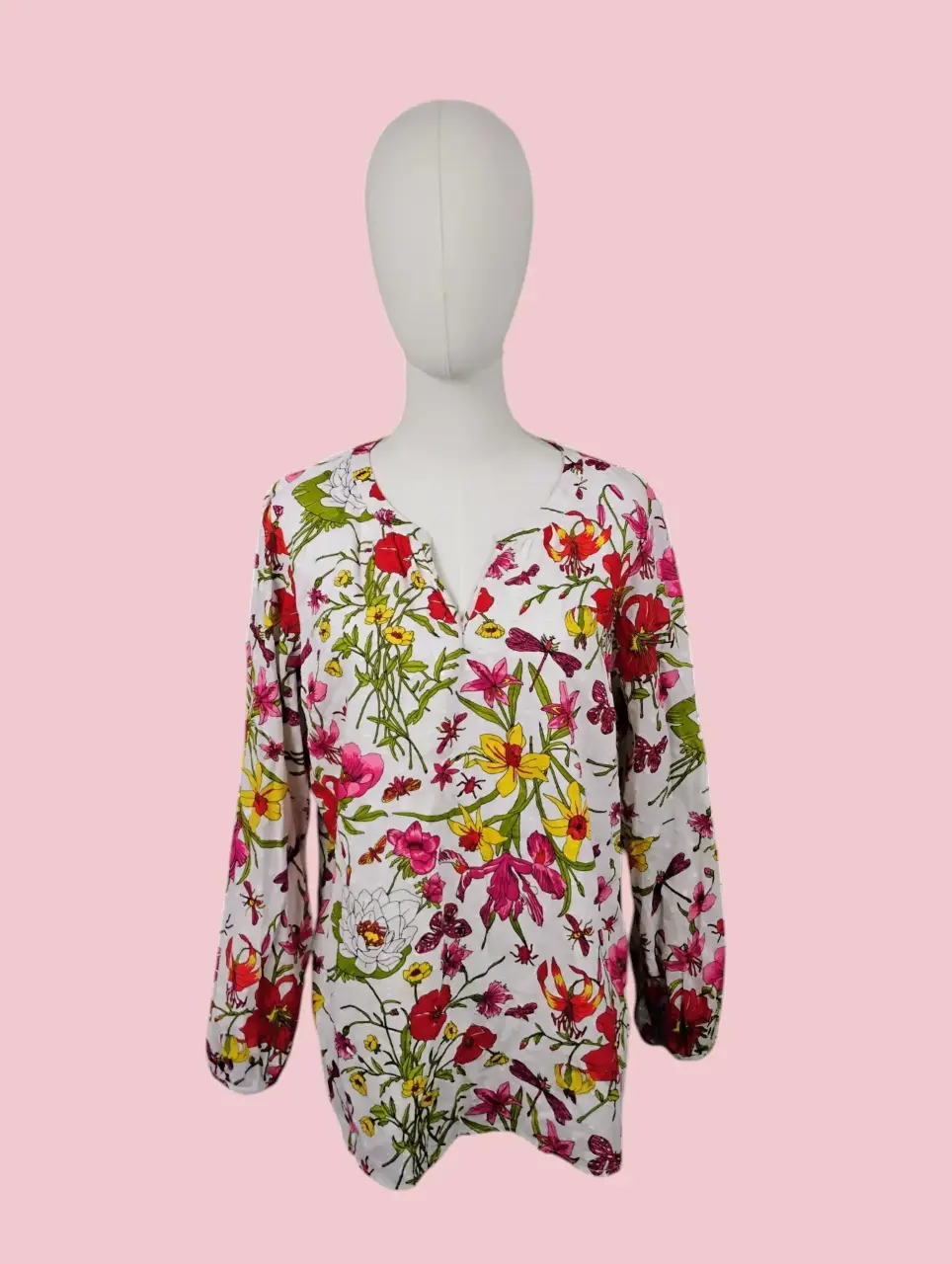 Talbots Women's L Floral Insect Print V-Neck Long Sleeve Blouse Top