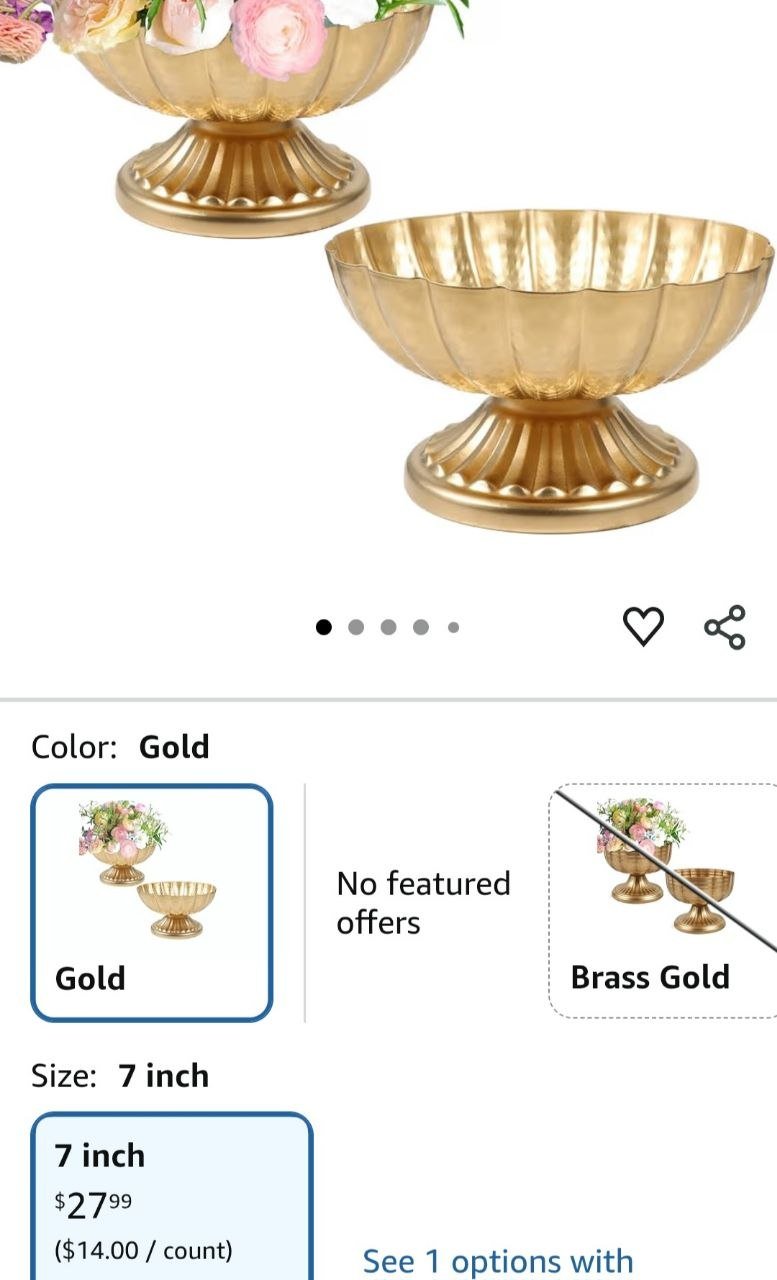 Pair of Gold Scalloped Pedestal Compote Vases - 7 inch Decorative Bowls thumbnail 5