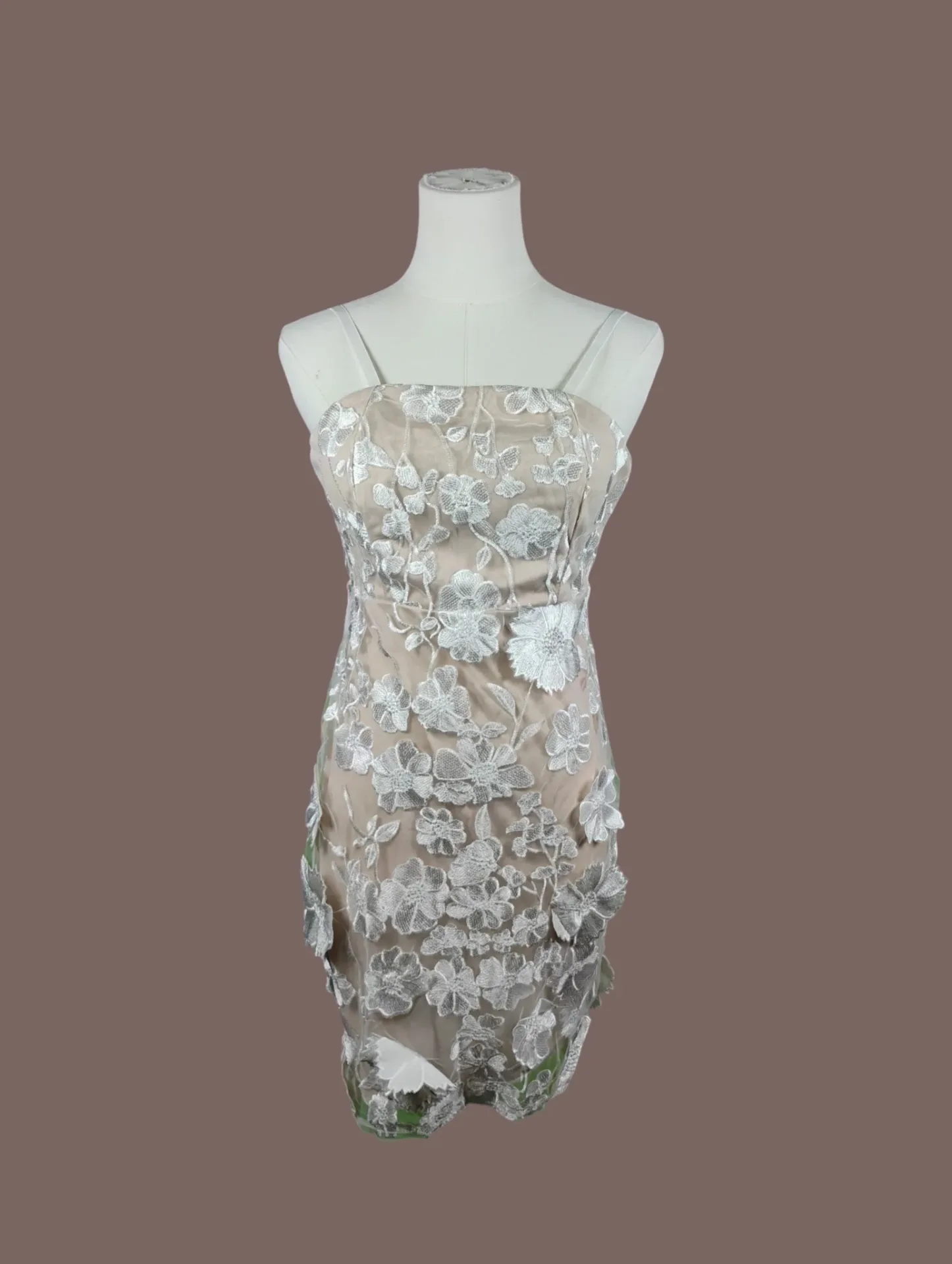Floral Lace Mini Dress Nude White Spaghetti Straps Size M