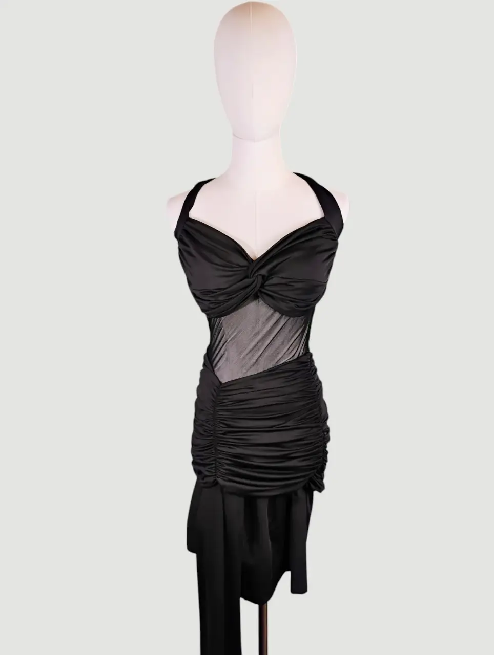 Black Halter Ruched Mini Dress Sheer Mesh Panel Bodycon Cocktail M