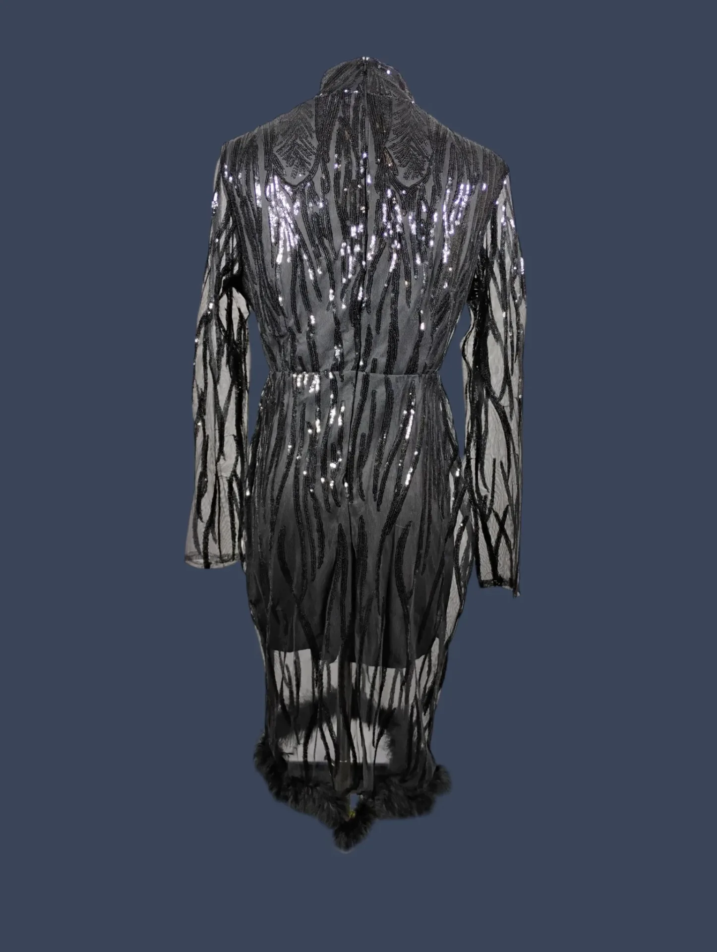 Black Sequin Sheer Long Sleeve Mock Neck Midi Dress Feather Trim thumbnail 4