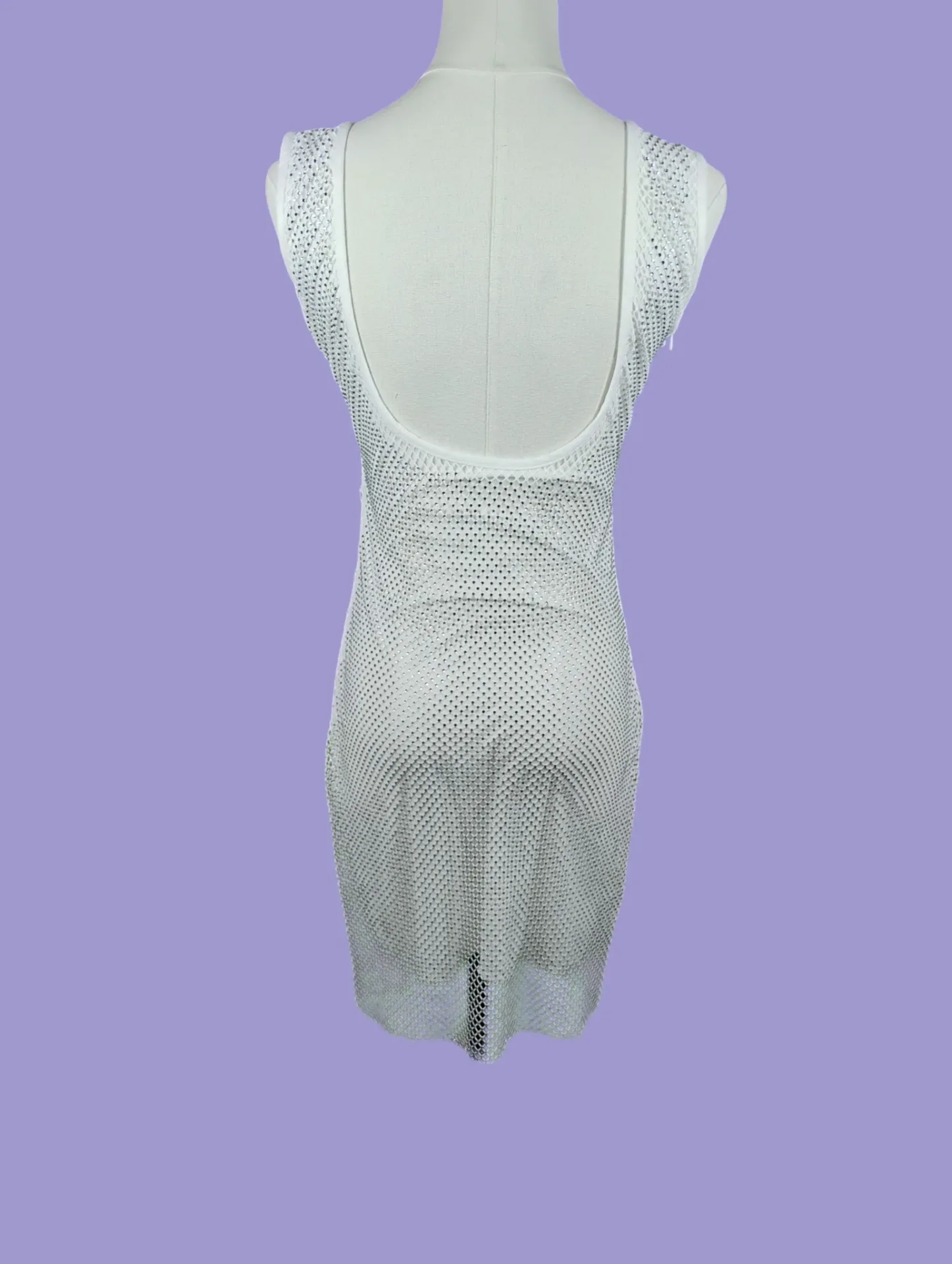 White Rhinestone Mesh Bodycon Mini Dress Square Neck Scoop Back M thumbnail 4
