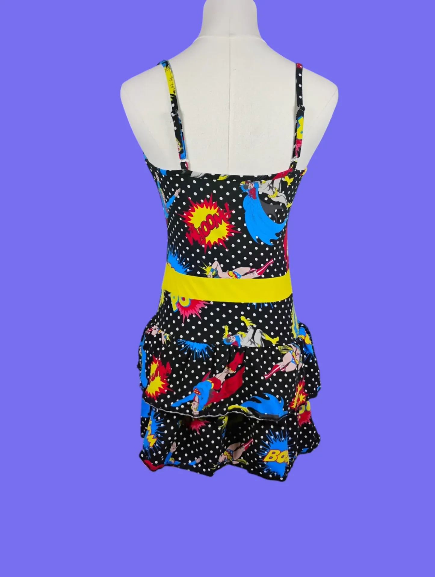 DC Comics Superhero Polka Dot Ruffled Swimsuit Romper Womens M (7/9) thumbnail 4