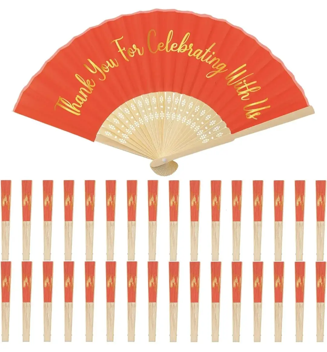 Jetec 50 Pcs Orange Bamboo Silk Hand Fans Wedding Party Favors thumbnail 2